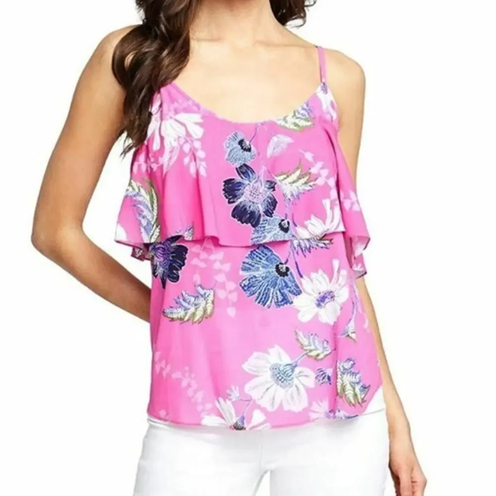 Rachel Roy Pink Floral Ruffle Tank Top Medium